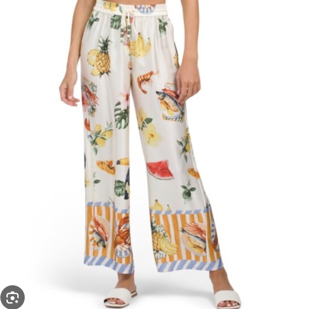 NEW Bailey 44 Pants Italian Summer Print Ivory White Size S pull on wide leg